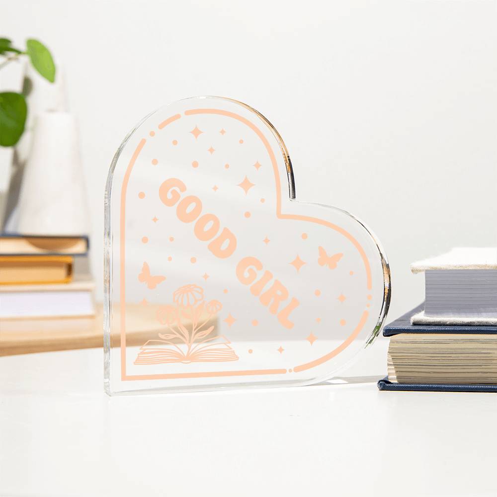 Bookish Bookshelf Decor Book Tropes Good Girl Smut Book Reader Acrylic Heart Plaque Sign Stand, Reader's Gift for Sister, Best Friend, Daughter, Mom, Wife, Girlfriend