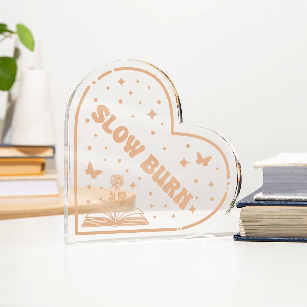 Bookish Bookshelf Decor Book Tropes Slow Burn Book Reader Acrylic Heart Plaque Sign Stand, Reader's Gift for Sister, Best Friend, Daughter, Mom, Wife, Girlfriend