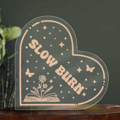 Bookish Bookshelf Decor Book Tropes Slow Burn Book Reader Acrylic Heart Plaque Sign Stand, Reader's Gift for Sister, Best Friend, Daughter, Mom, Wife, Girlfriend