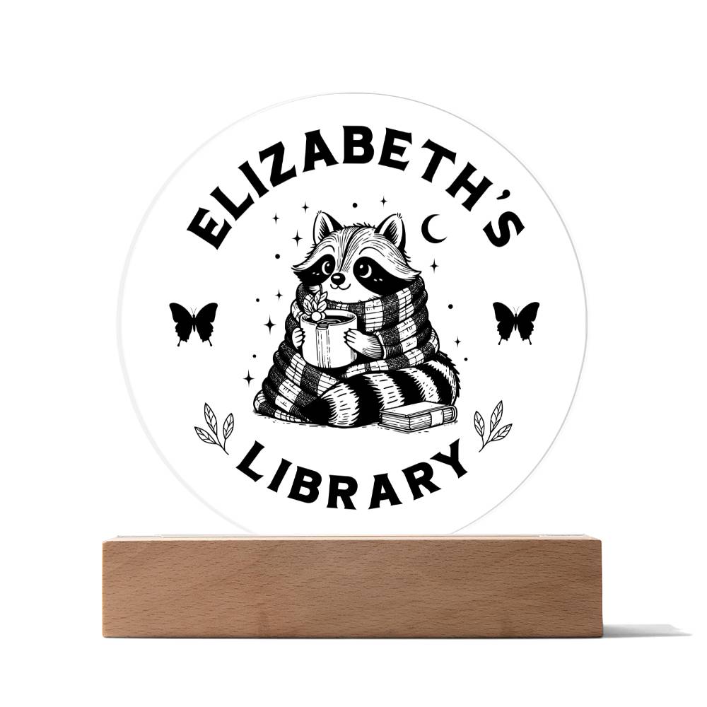 Custom Raccoon Library Bookshelf Personalized Sign Trash Panda Book Nook with Wooden or LED Stand, Bookish Reader Home Decor, Book Lover Gift for Sister, Best Friend, Daughter