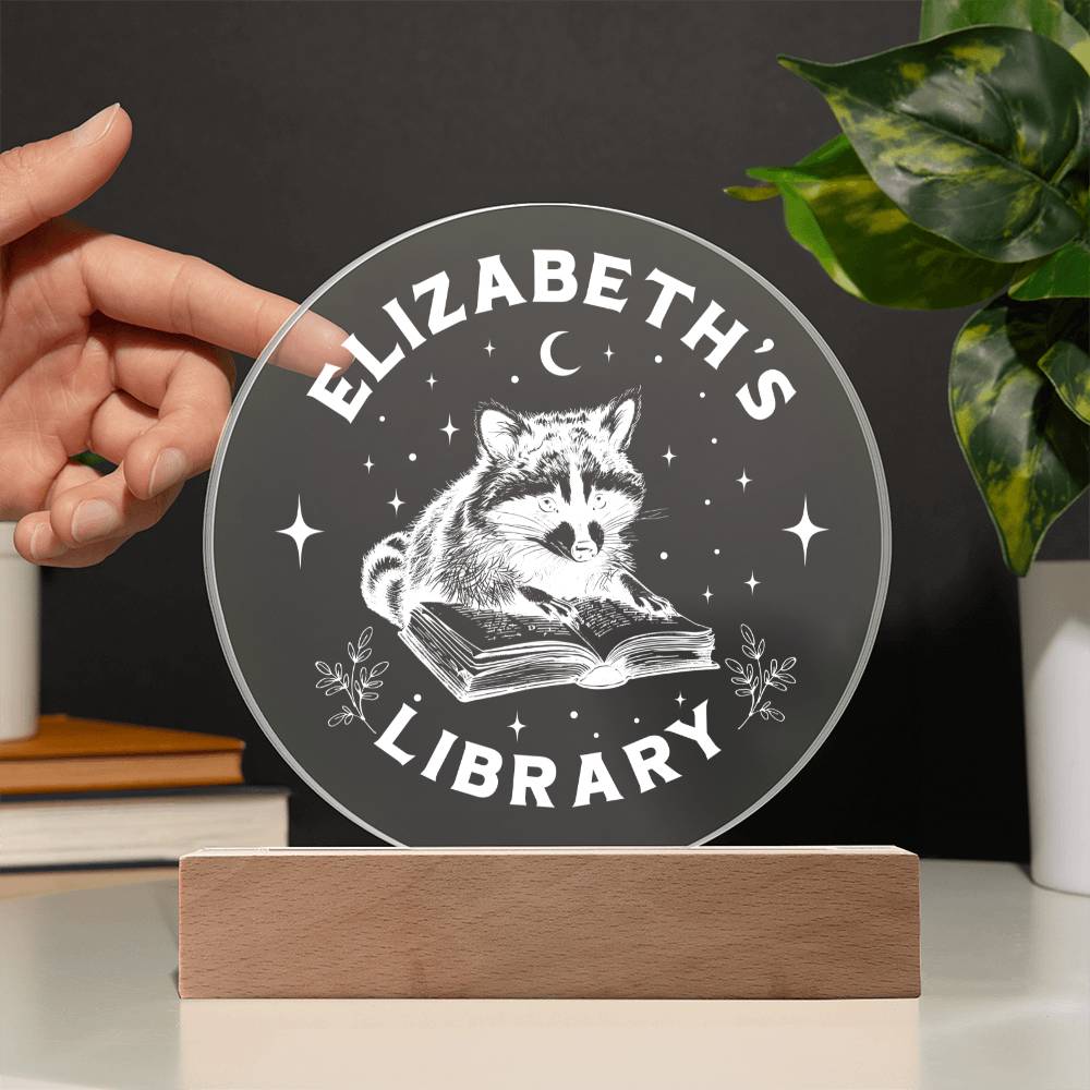 Custom Raccoon Trash Panda Library Bookshelf Acrylic LED Plaque Sign, Bookish Home Decor Gift for Sister, Son, Best Friend, Girlfriend, Daughter