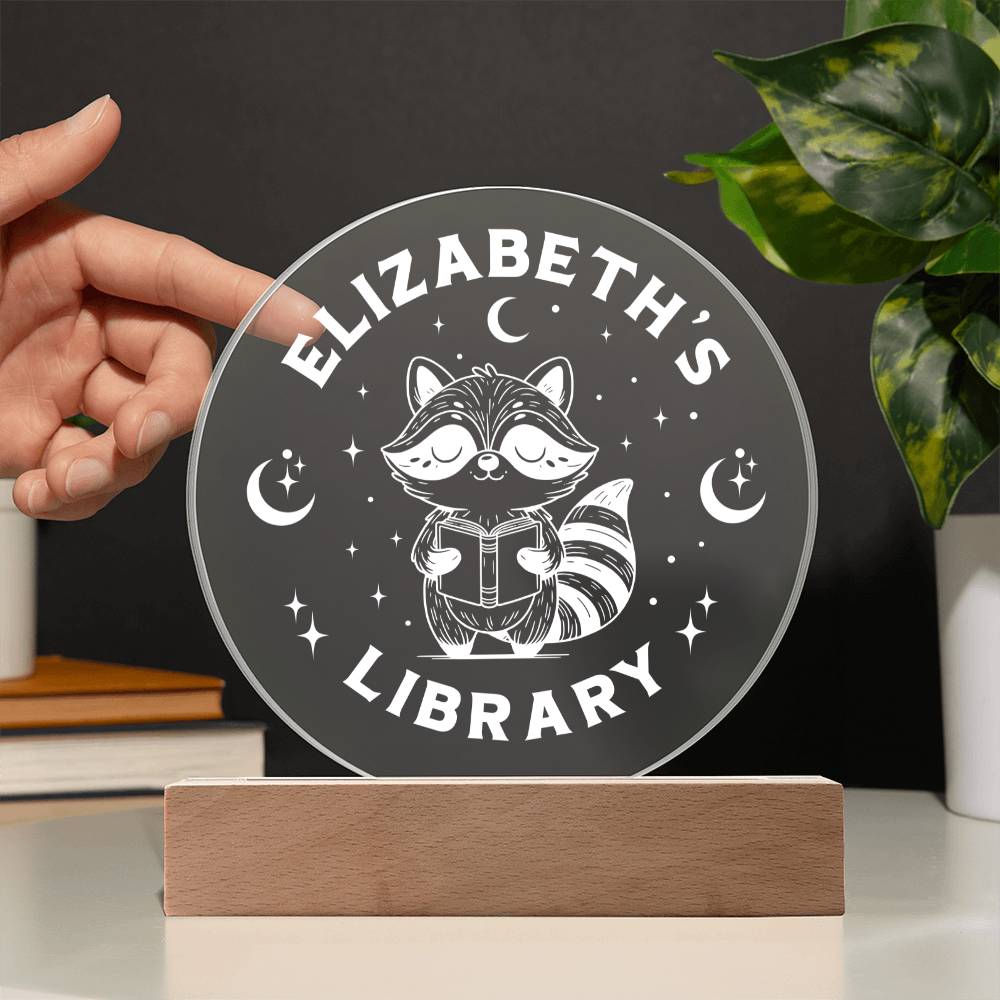 Personalized Raccoon Trash Panda Library Bookshelf Acrylic LED Plaque Sign, Book Nook Book Lover Gift for Sister, Son, Best Friend, Girlfriend, Daughter