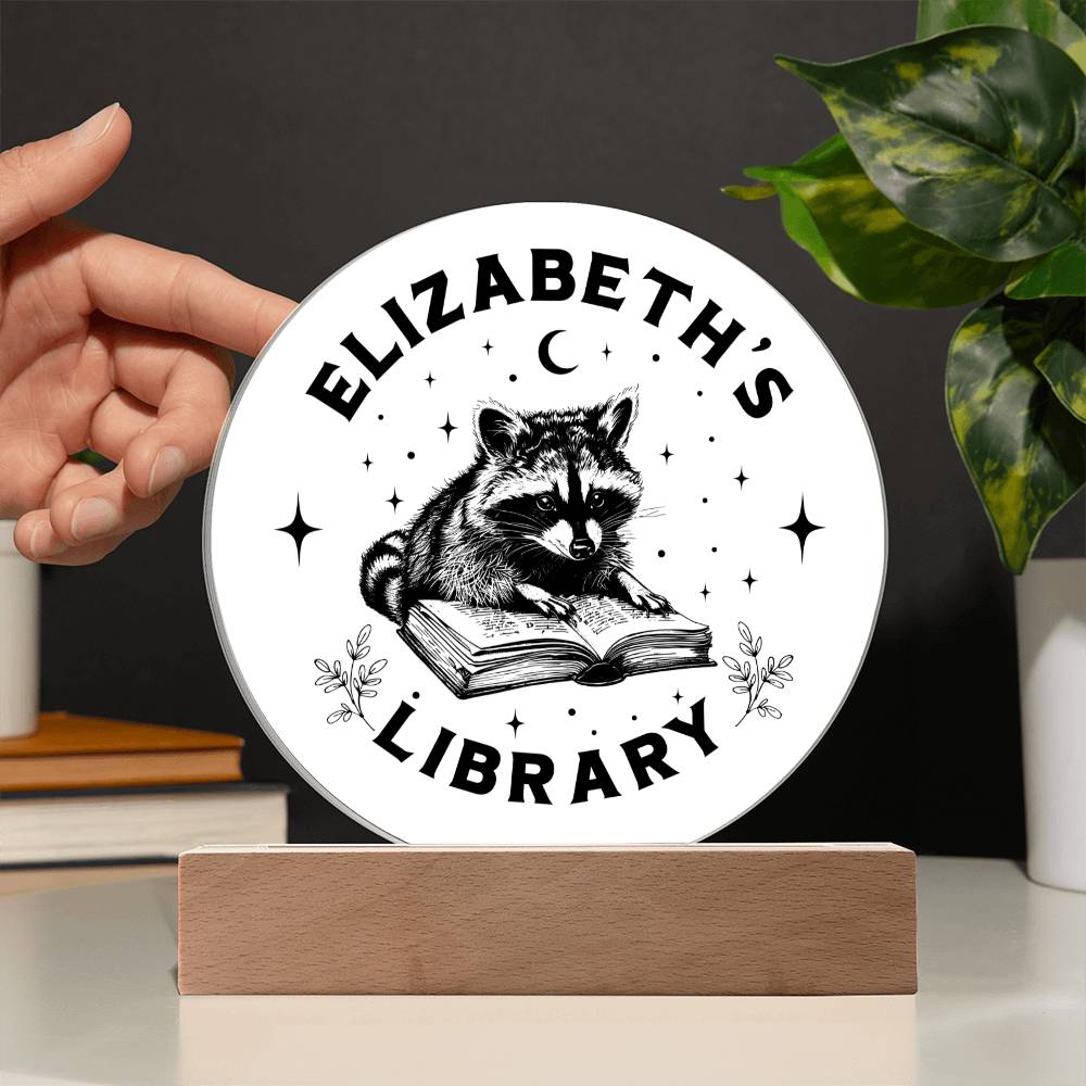 Custom Raccoon Trash Panda Library Bookshelf Acrylic LED Plaque Sign, Book Nook Book Lover Gift for Sister, Son, Best Friend, Girlfriend, Daughter