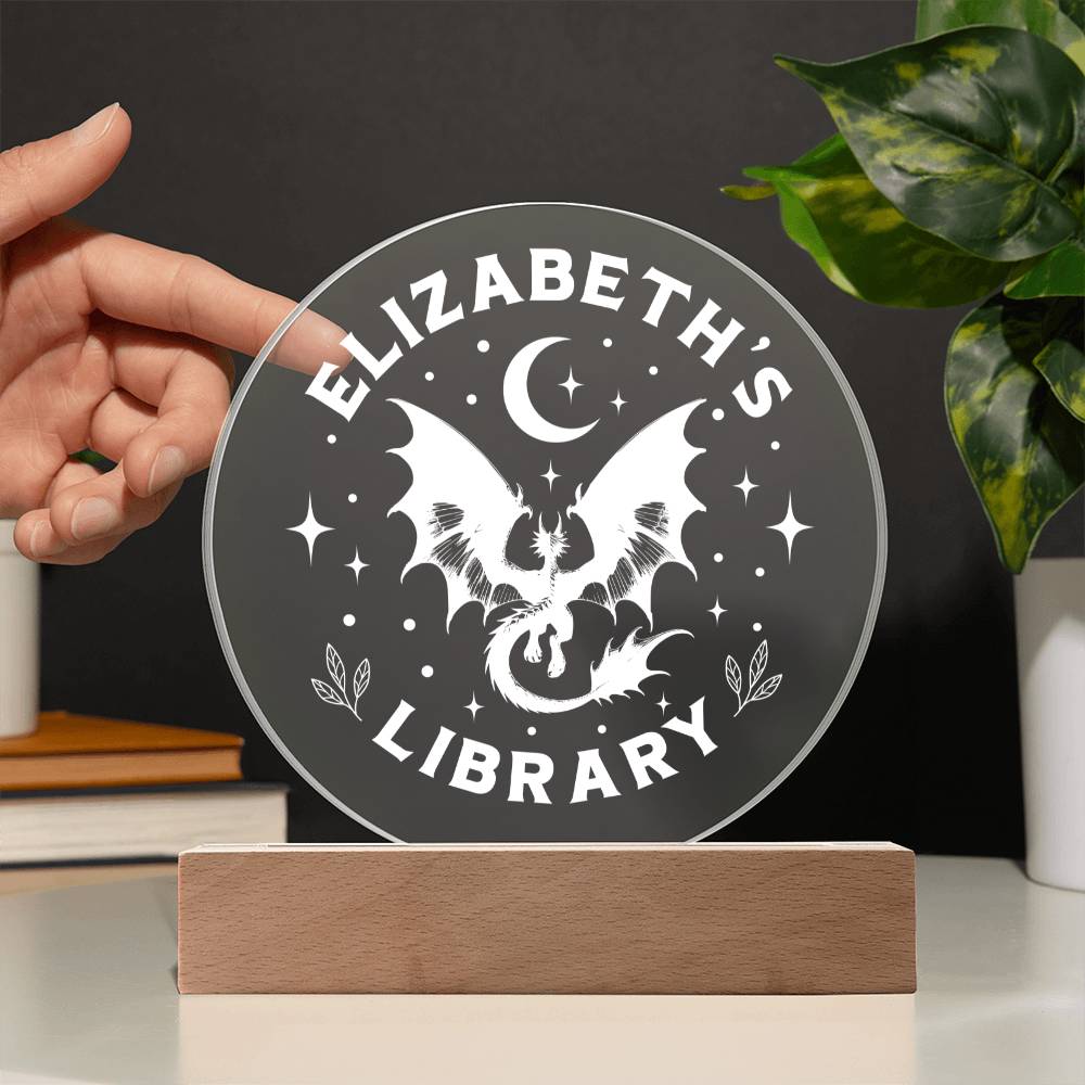 Custom Name Dragon Library Bookshelf Acrylic Sign, Book Nook with Wooden or LED Stand, Bookish Reader Home Decor, Book Lover Gift for Sister, Best Friend, Daughter