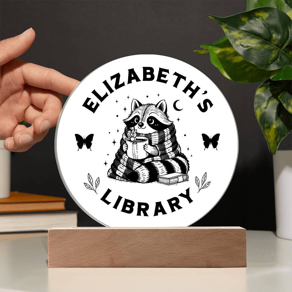 Custom Raccoon Library Bookshelf Personalized Sign Trash Panda Book Nook with Wooden or LED Stand, Bookish Reader Home Decor, Book Lover Gift for Sister, Best Friend, Daughter