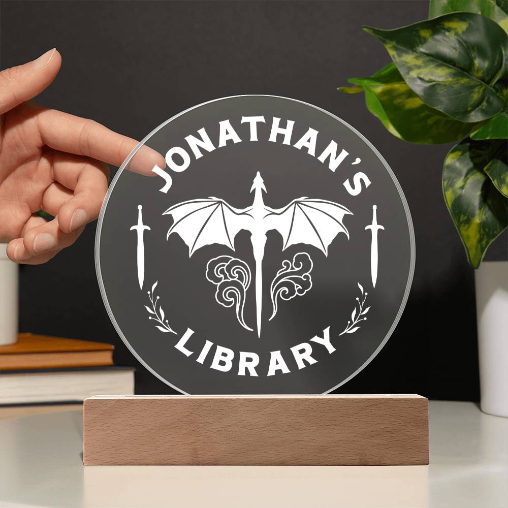 Personalized Dragon Library Bookshelf Acrylic LED Plaque Sign, Book Nook Fantasy Lover Gift for Son, Brother, Father Sister, Daughter, Best Friend, Girlfriend,