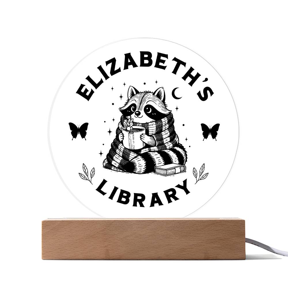 Custom Raccoon Library Bookshelf Personalized Sign Trash Panda Book Nook with Wooden or LED Stand, Bookish Reader Home Decor, Book Lover Gift for Sister, Best Friend, Daughter