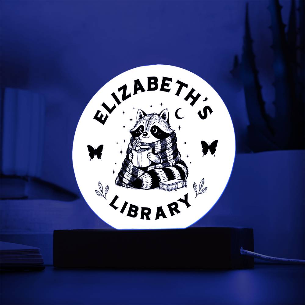 Custom Raccoon Library Bookshelf Personalized Sign Trash Panda Book Nook with Wooden or LED Stand, Bookish Reader Home Decor, Book Lover Gift for Sister, Best Friend, Daughter