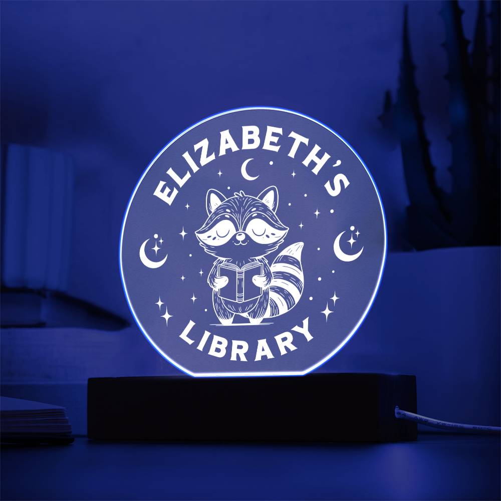 Personalized Raccoon Trash Panda Library Bookshelf Acrylic LED Plaque Sign, Book Nook Book Lover Gift for Sister, Son, Best Friend, Girlfriend, Daughter