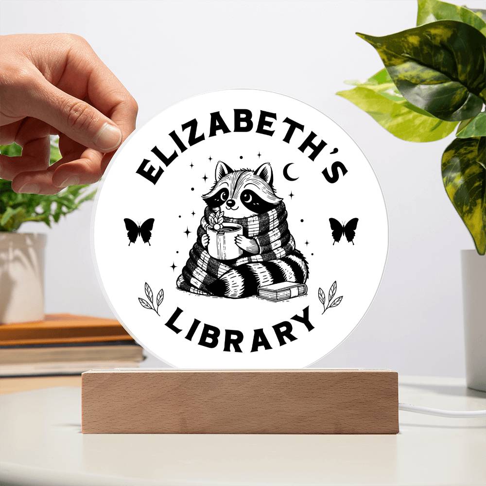 Custom Raccoon Library Bookshelf Personalized Sign Trash Panda Book Nook with Wooden or LED Stand, Bookish Reader Home Decor, Book Lover Gift for Sister, Best Friend, Daughter