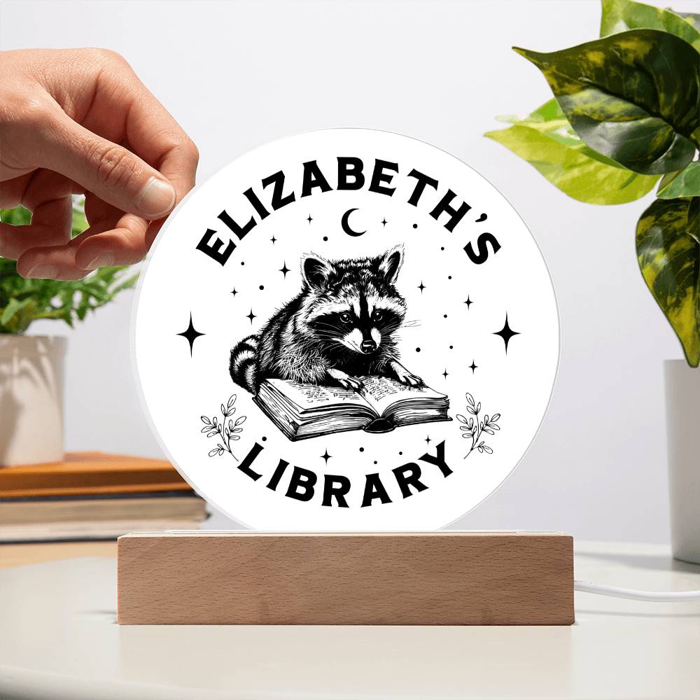 Custom Raccoon Trash Panda Library Bookshelf Acrylic LED Plaque Sign, Book Nook Book Lover Gift for Sister, Son, Best Friend, Girlfriend, Daughter