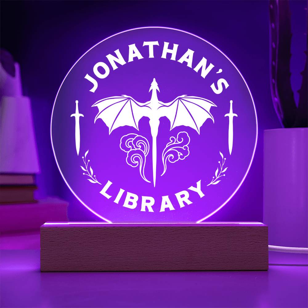 Personalized Dragon Library Bookshelf Acrylic LED Plaque Sign, Book Nook Fantasy Lover Gift for Son, Brother, Father Sister, Daughter, Best Friend, Girlfriend,