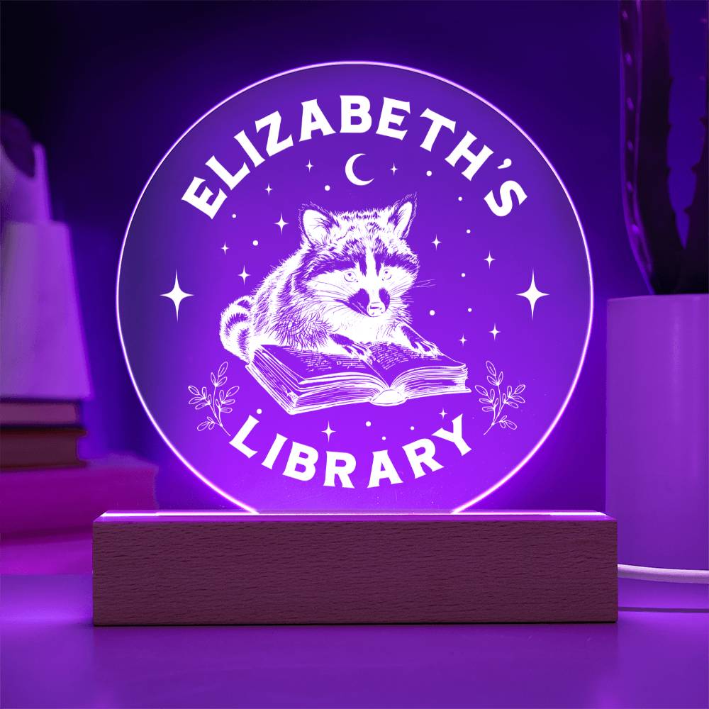 Custom Raccoon Trash Panda Library Bookshelf Acrylic LED Plaque Sign, Bookish Home Decor Gift for Sister, Son, Best Friend, Girlfriend, Daughter