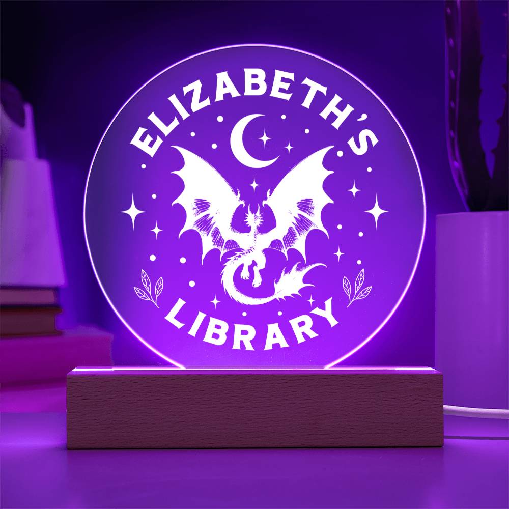 Custom Name Dragon Library Bookshelf Acrylic Sign, Book Nook with Wooden or LED Stand, Bookish Reader Home Decor, Book Lover Gift for Sister, Best Friend, Daughter