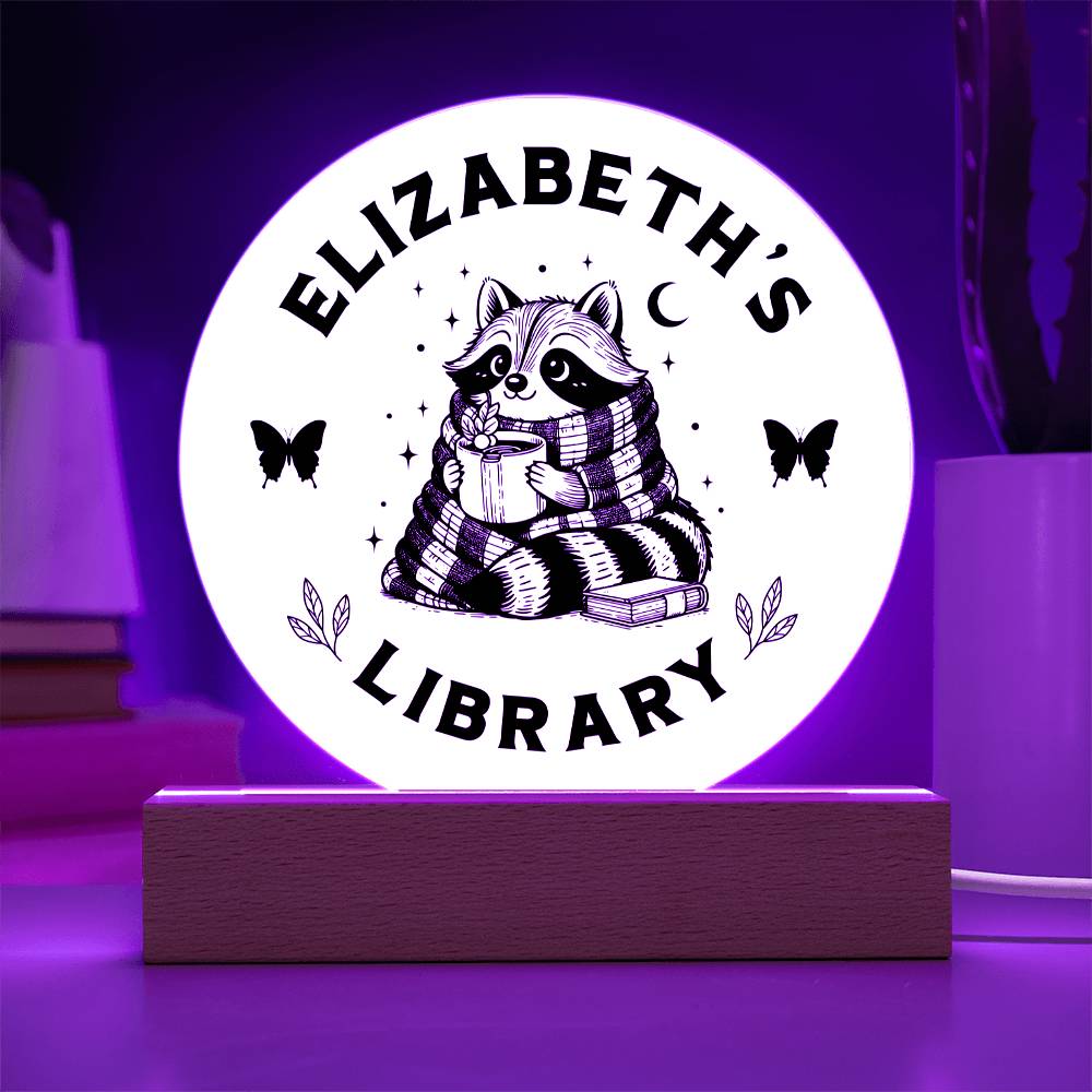 Custom Raccoon Library Bookshelf Personalized Sign Trash Panda Book Nook with Wooden or LED Stand, Bookish Reader Home Decor, Book Lover Gift for Sister, Best Friend, Daughter