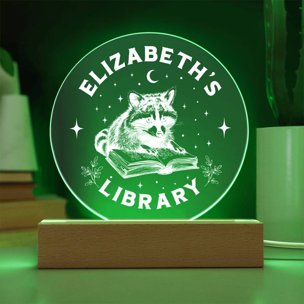 Custom Raccoon Trash Panda Library Bookshelf Acrylic LED Plaque Sign, Bookish Home Decor Gift for Sister, Son, Best Friend, Girlfriend, Daughter