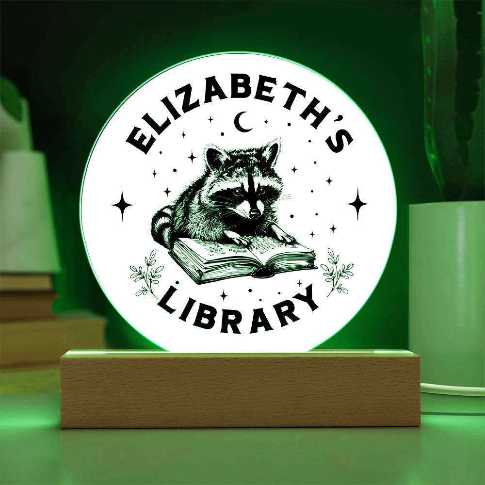 Custom Raccoon Trash Panda Library Bookshelf Acrylic LED Plaque Sign, Book Nook Book Lover Gift for Sister, Son, Best Friend, Girlfriend, Daughter