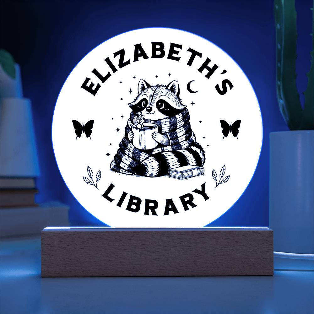 Custom Raccoon Library Bookshelf Personalized Sign Trash Panda Book Nook with Wooden or LED Stand, Bookish Reader Home Decor, Book Lover Gift for Sister, Best Friend, Daughter