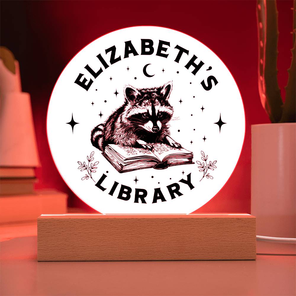 Custom Raccoon Trash Panda Library Bookshelf Acrylic LED Plaque Sign, Book Nook Book Lover Gift for Sister, Son, Best Friend, Girlfriend, Daughter