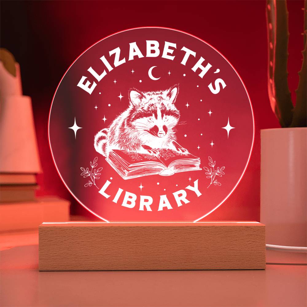 Custom Raccoon Trash Panda Library Bookshelf Acrylic LED Plaque Sign, Bookish Home Decor Gift for Sister, Son, Best Friend, Girlfriend, Daughter