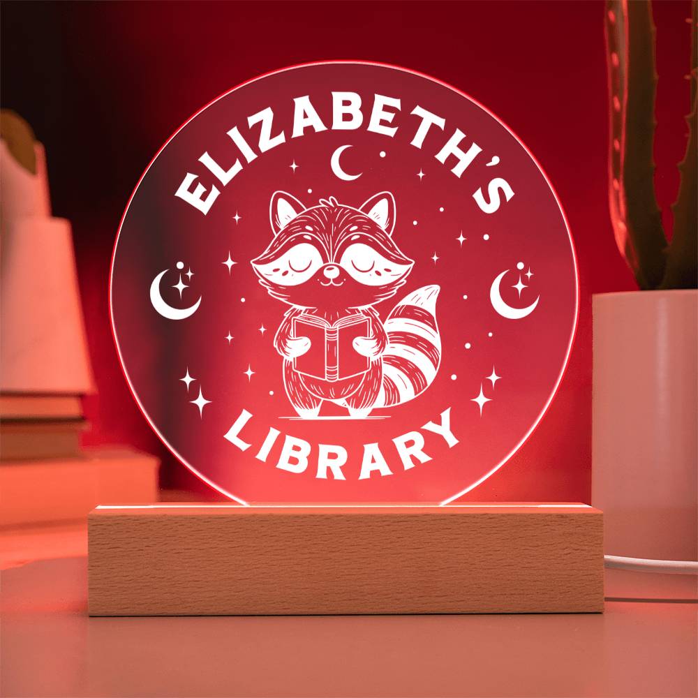 Personalized Raccoon Trash Panda Library Bookshelf Acrylic LED Plaque Sign, Book Nook Book Lover Gift for Sister, Son, Best Friend, Girlfriend, Daughter