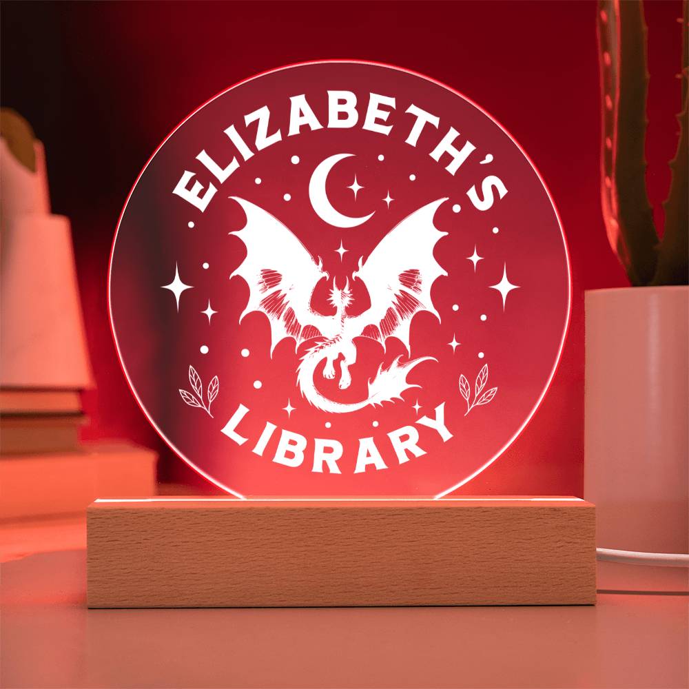 Custom Name Dragon Library Bookshelf Acrylic Sign, Book Nook with Wooden or LED Stand, Bookish Reader Home Decor, Book Lover Gift for Sister, Best Friend, Daughter