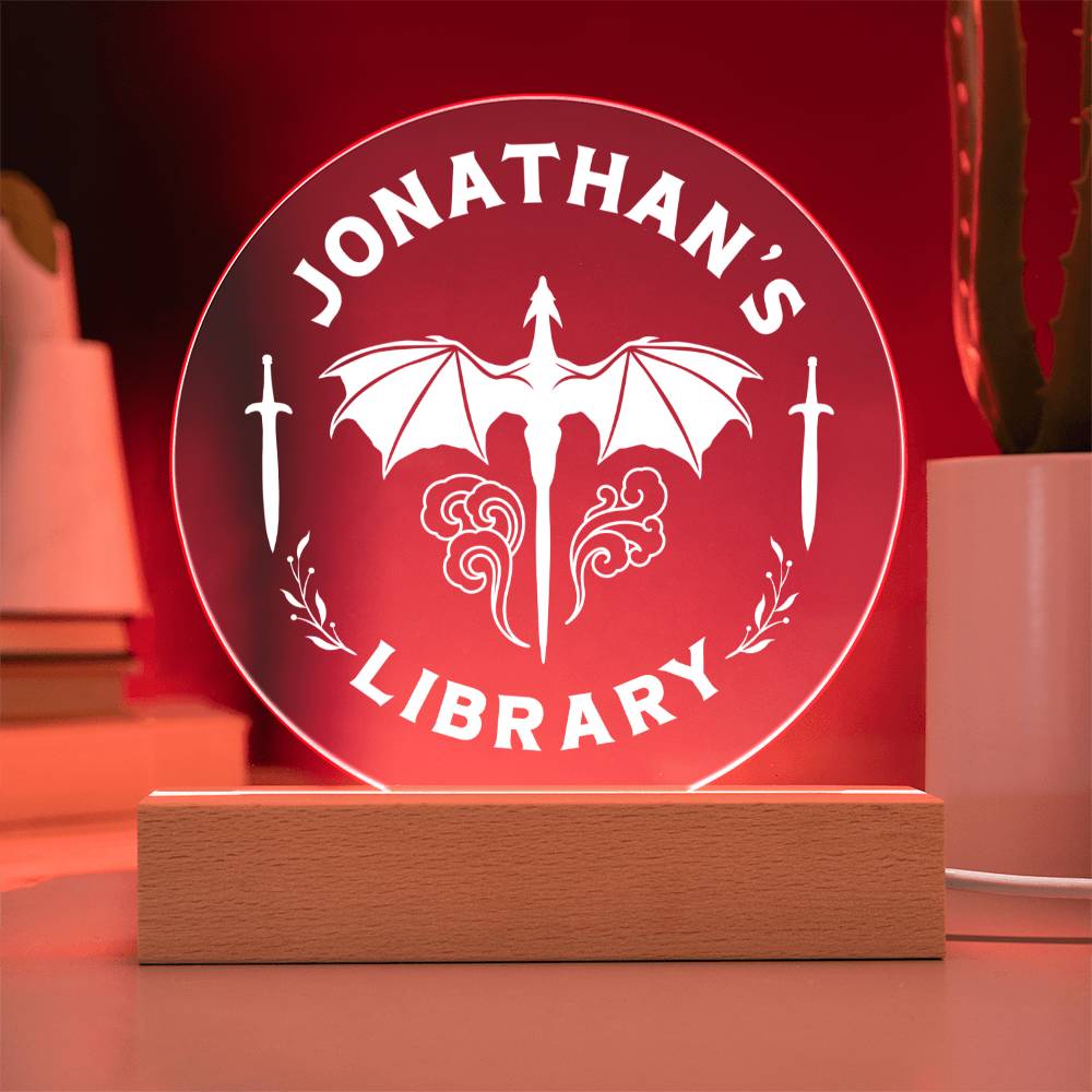 Personalized Dragon Library Bookshelf Acrylic LED Plaque Sign, Book Nook Fantasy Lover Gift for Son, Brother, Father Sister, Daughter, Best Friend, Girlfriend,