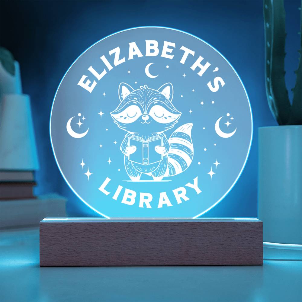 Personalized Raccoon Trash Panda Library Bookshelf Acrylic LED Plaque Sign, Book Nook Book Lover Gift for Sister, Son, Best Friend, Girlfriend, Daughter