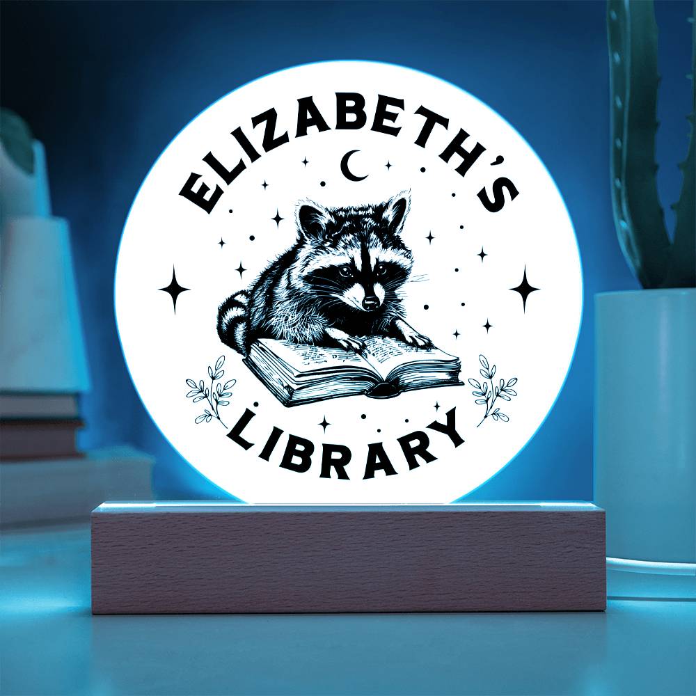 Custom Raccoon Trash Panda Library Bookshelf Acrylic LED Plaque Sign, Book Nook Book Lover Gift for Sister, Son, Best Friend, Girlfriend, Daughter