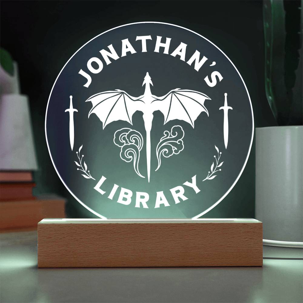 Personalized Dragon Library Bookshelf Acrylic LED Plaque Sign, Book Nook Fantasy Lover Gift for Son, Brother, Father Sister, Daughter, Best Friend, Girlfriend,