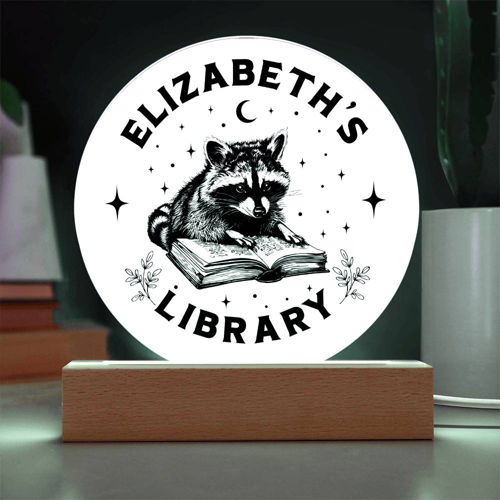 Custom Raccoon Trash Panda Library Bookshelf Acrylic LED Plaque Sign, Book Nook Book Lover Gift for Sister, Son, Best Friend, Girlfriend, Daughter