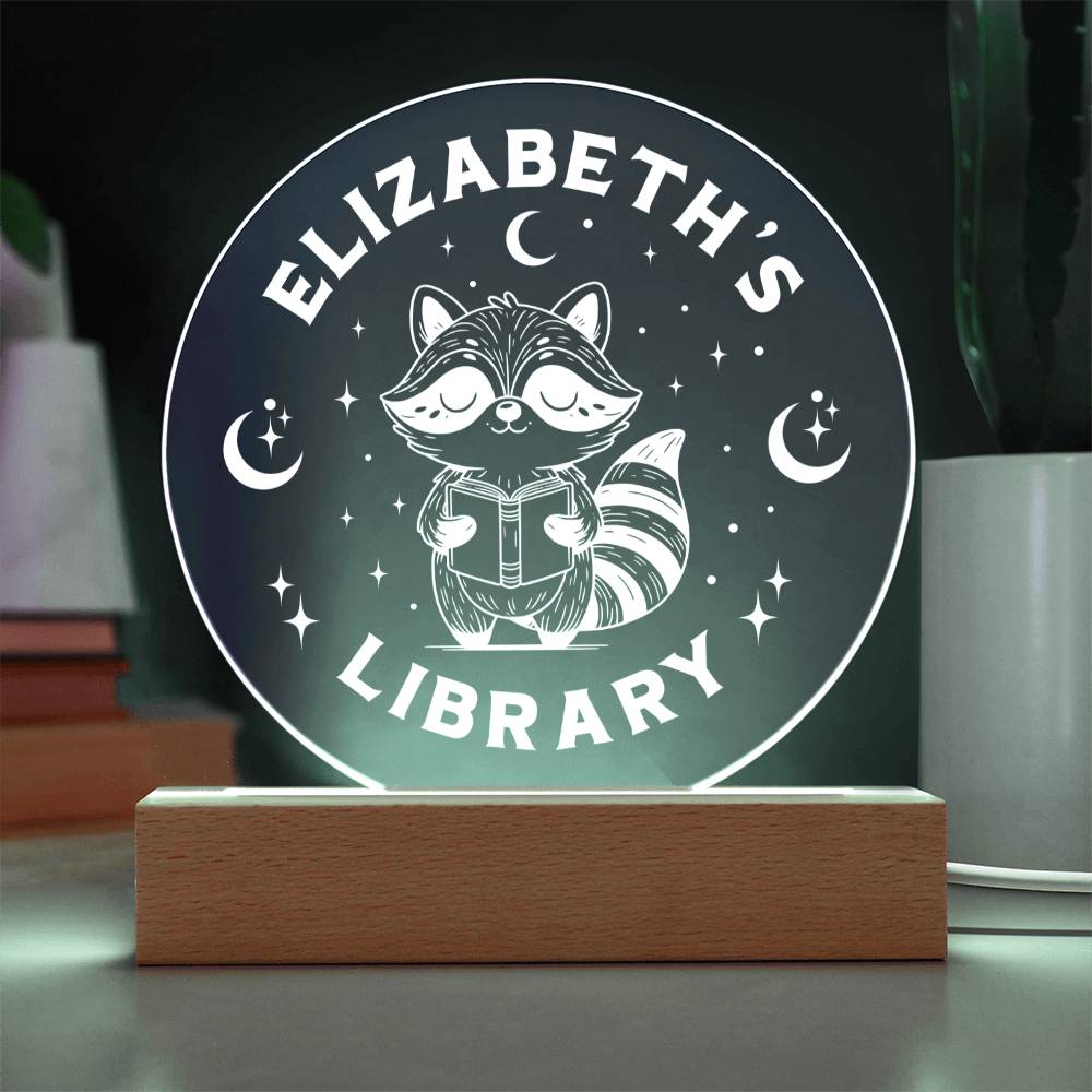 Personalized Raccoon Trash Panda Library Bookshelf Acrylic LED Plaque Sign, Book Nook Book Lover Gift for Sister, Son, Best Friend, Girlfriend, Daughter