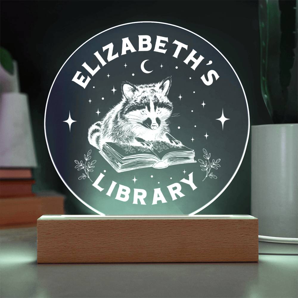 Custom Raccoon Trash Panda Library Bookshelf Acrylic LED Plaque Sign, Bookish Home Decor Gift for Sister, Son, Best Friend, Girlfriend, Daughter