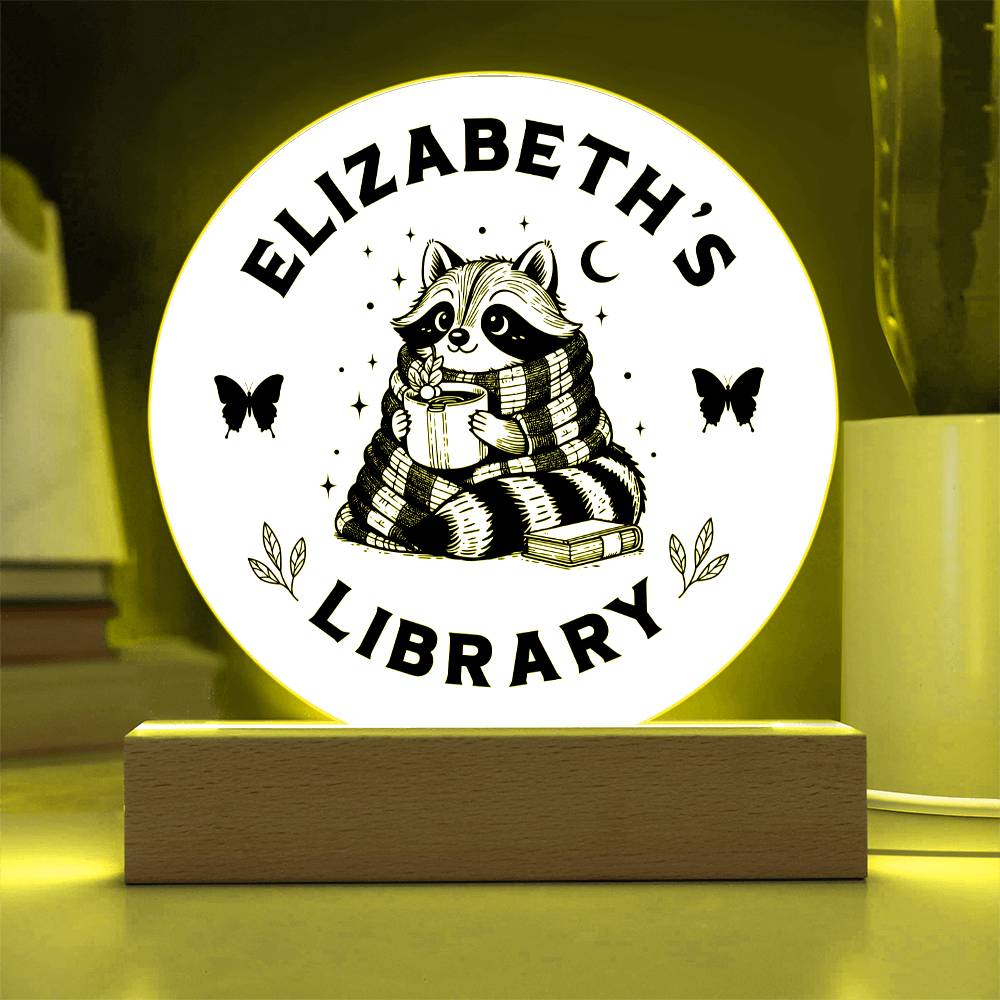 Custom Raccoon Library Bookshelf Personalized Sign Trash Panda Book Nook with Wooden or LED Stand, Bookish Reader Home Decor, Book Lover Gift for Sister, Best Friend, Daughter