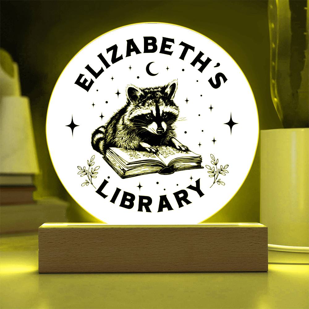 Custom Raccoon Trash Panda Library Bookshelf Acrylic LED Plaque Sign, Book Nook Book Lover Gift for Sister, Son, Best Friend, Girlfriend, Daughter