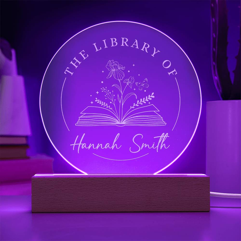 Personalized Name Book Lover Iris Reader Bookish Gift February Birth Flower Engraved LED Acrylic Wooden Base