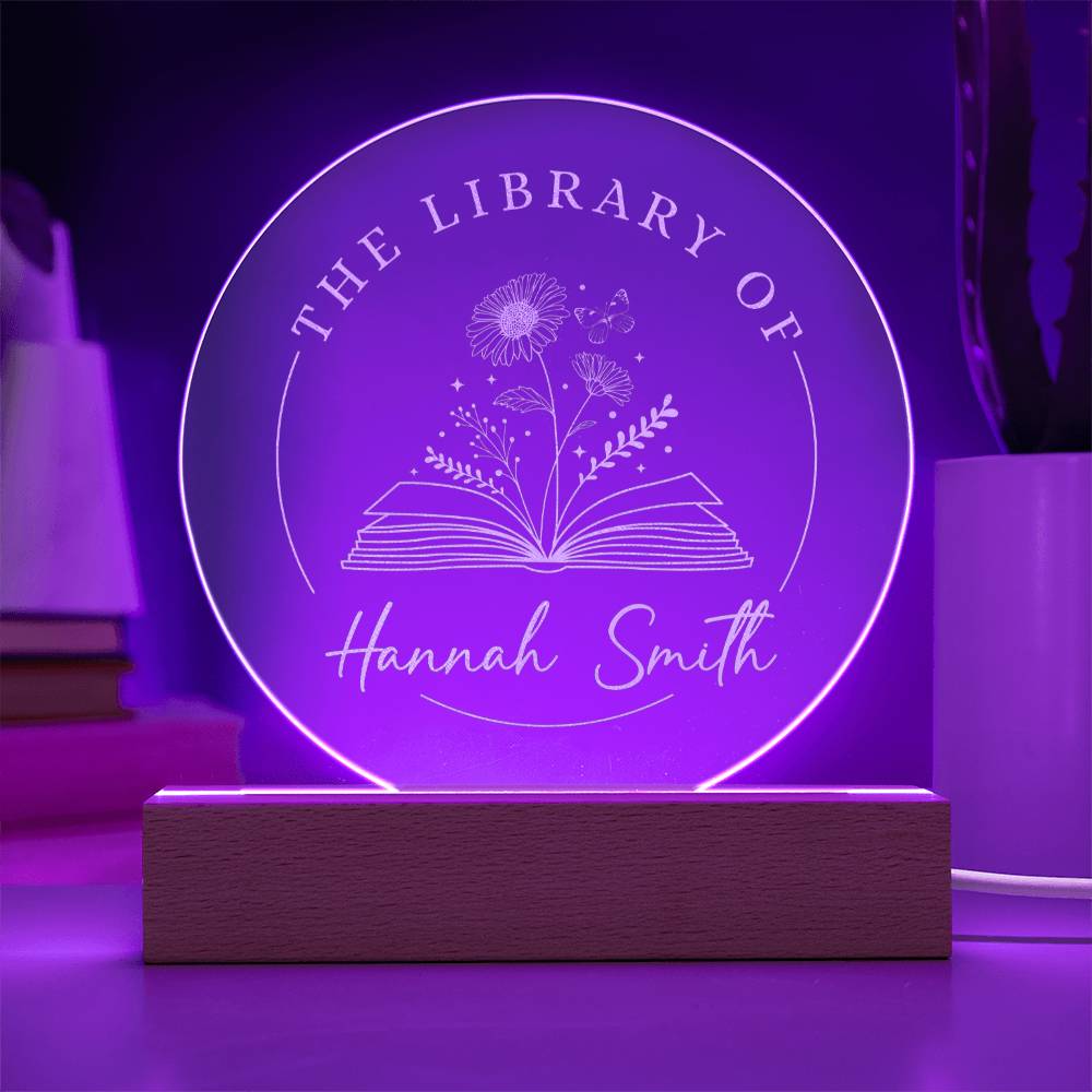 Personalized Name Book Shelf Display Aster Reader Bookish Gift September Birth Flower Engraved LED Acrylic Wooden Base Plaquee