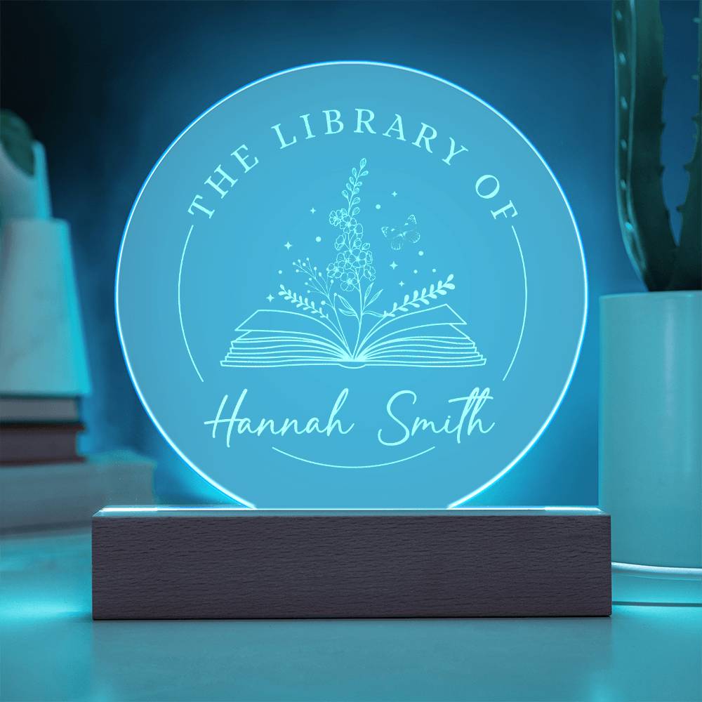 Personalized Name Book Nerd Larkspur Reader Bookish Gift July Birth Flower Engraved LED Acrylic Wooden Base