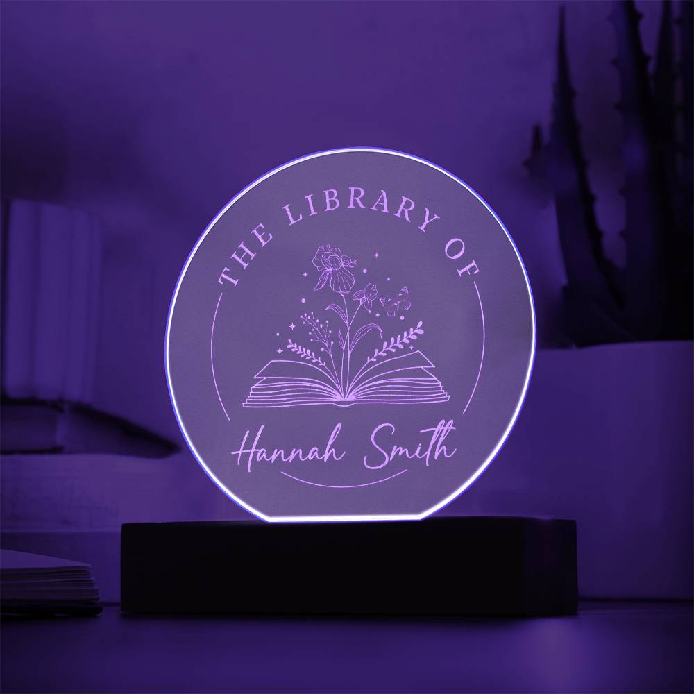 Personalized Name Book Lover Iris Reader Bookish Gift February Birth Flower Engraved LED Acrylic Wooden Base